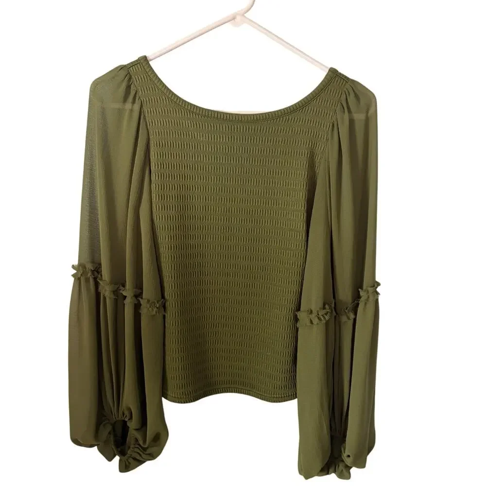 By Anthropologie XS Green Smocked Balloo Sleeve Top Boho Prairie Cottagecore